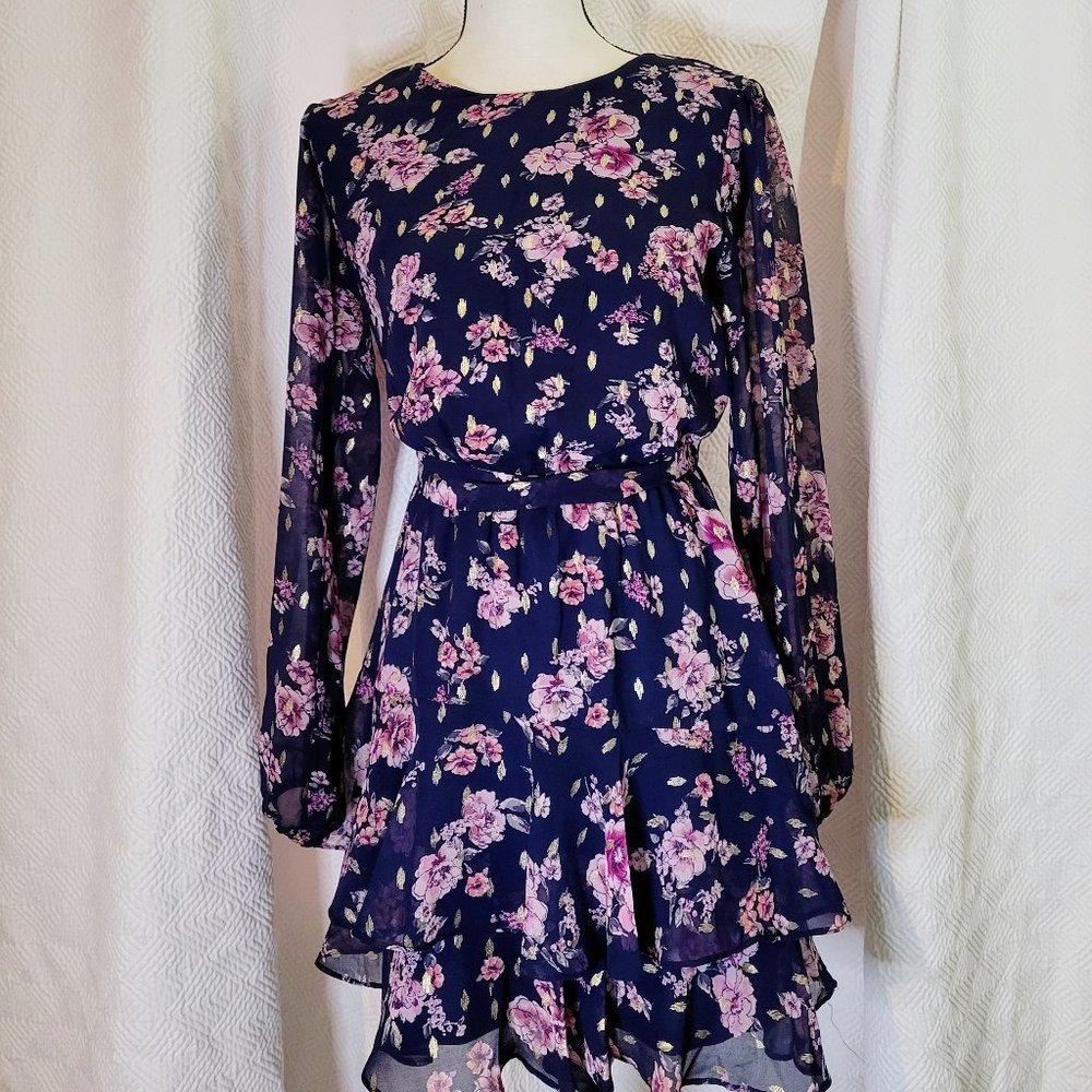 City Studio Women's/Small/ Navy Blue/Pink/Gold Floral Ruffle Dress